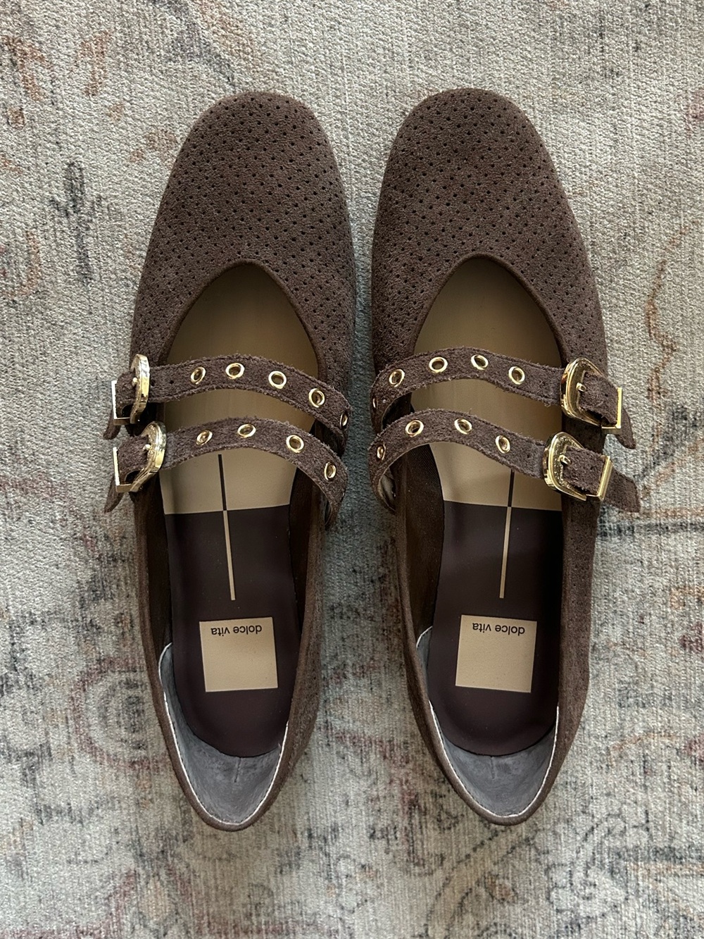 Dolce Vita BAYLEE GROMMET Dark Brown Perforated Suede Double Buckle Flats